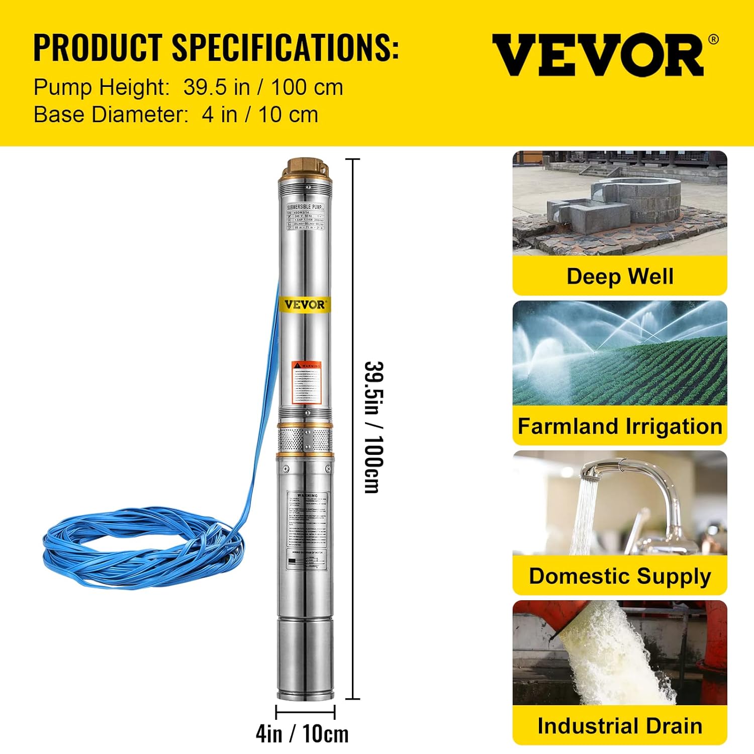 VEVOR Well Pump 1.5 HP, Submersible Well Pump 110V, Stainless Steel Deep Well Pump with 131ft Cable