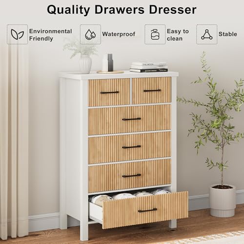 Fluted 6 Drawers Dresser for Bedroom, Tall Boho Chest of Drawers with Metal Handle, Wooden Closet Clothes Storage Organizer for Living Room