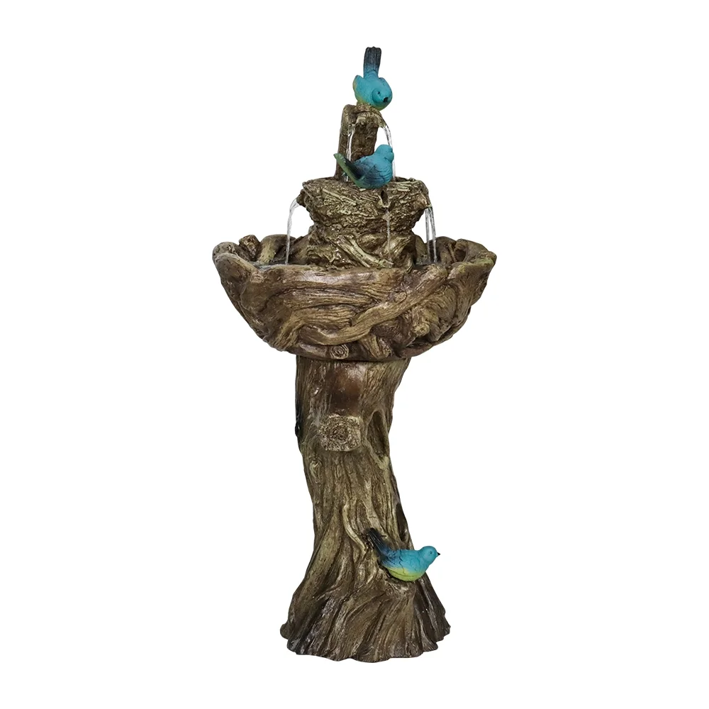 3-Tier Outdoor Water Fountain Bird Bath Patio Fountain Outdoor Stump Like Waterfall Fountain with Birds Decor Freestanding Patio Water Fountain Pump