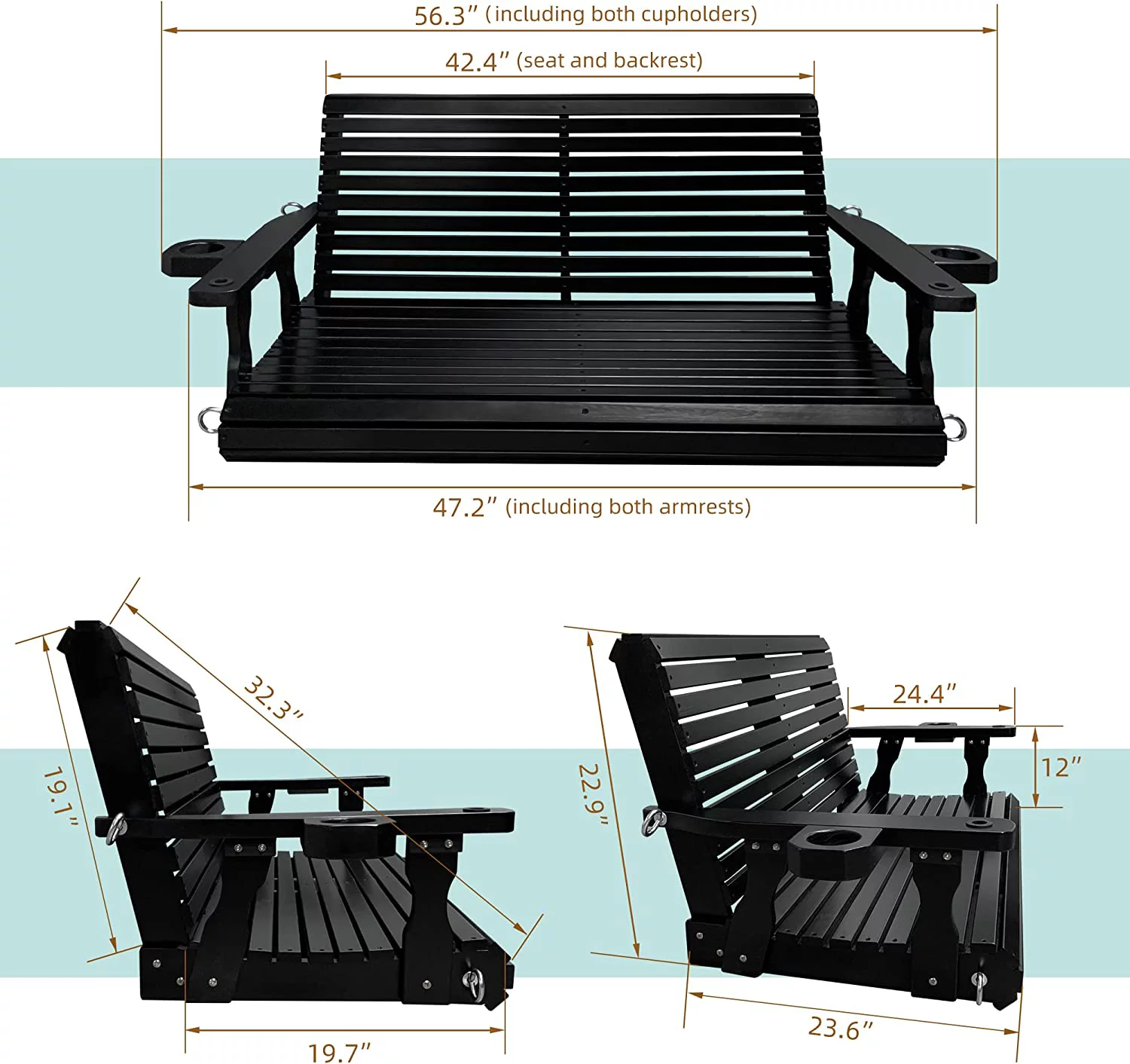 Wooden Porch Swing 2-Seater, Bench Swing with Cupholders for Outdoor Patio Garden Yard, 4 ft Black