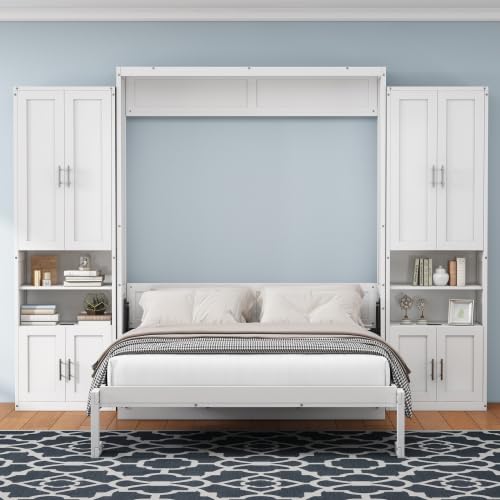Queen Size Murphy Bed with Desk & Charging Station,Wall Bed Frame Folding into Cabinet Design w/LED & Storage Shelf for Small Space,Bedroom