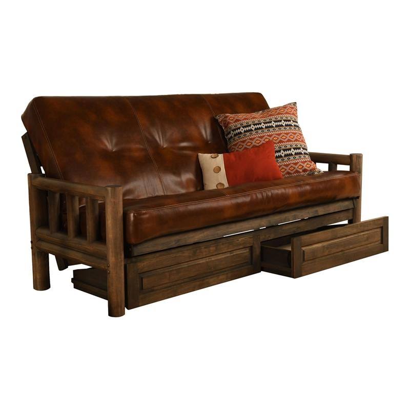 Kodiak KFLDDRWOTSLF5MD4 Lodge Rustic Walnut Futon Frame with Oregon Trail Saddle Mattress u0026 Storage Drawers - Full Size