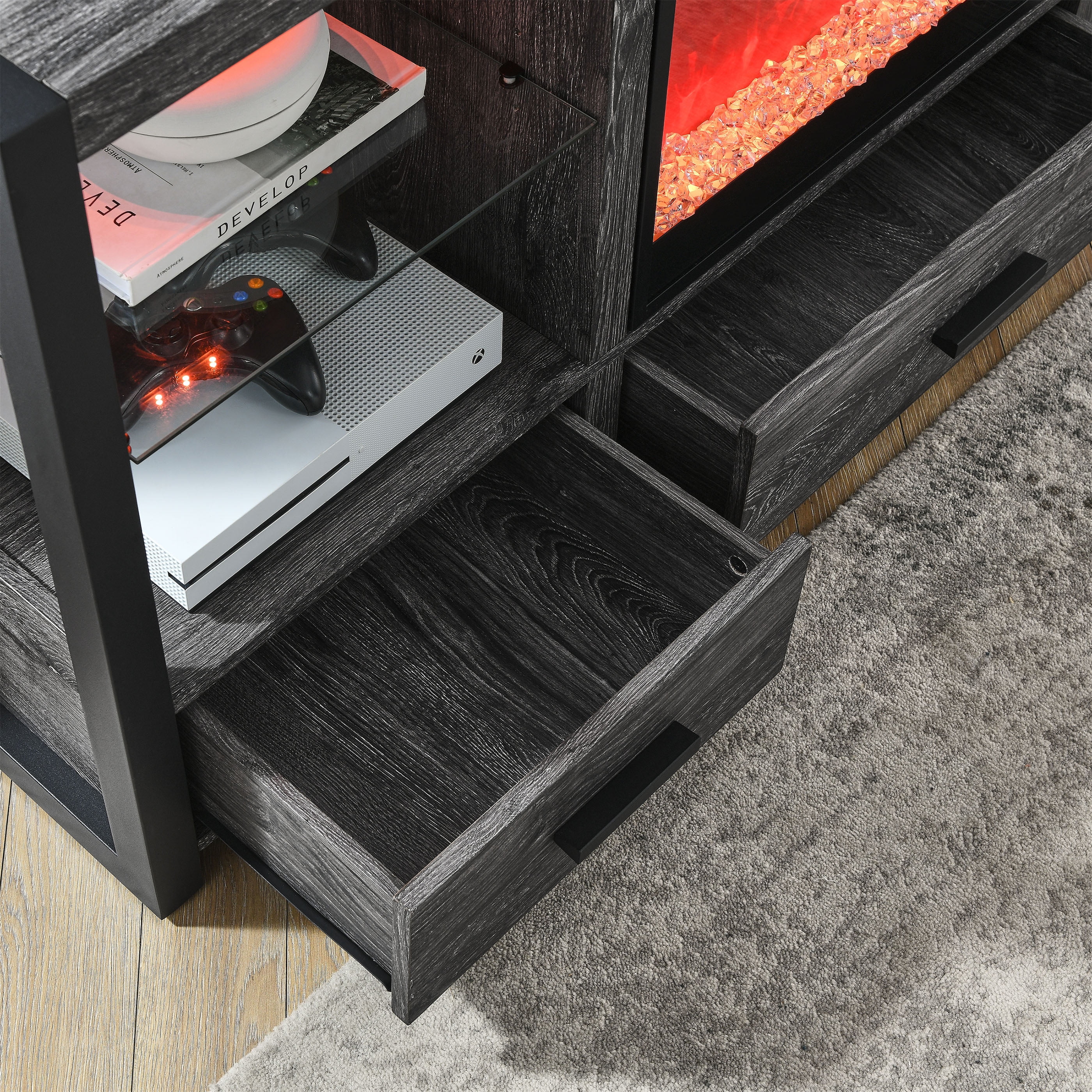 60 Inch Electric Fireplace Media TV Stand with Sync Colorful LED Lights-Dark Rustic Oak Color