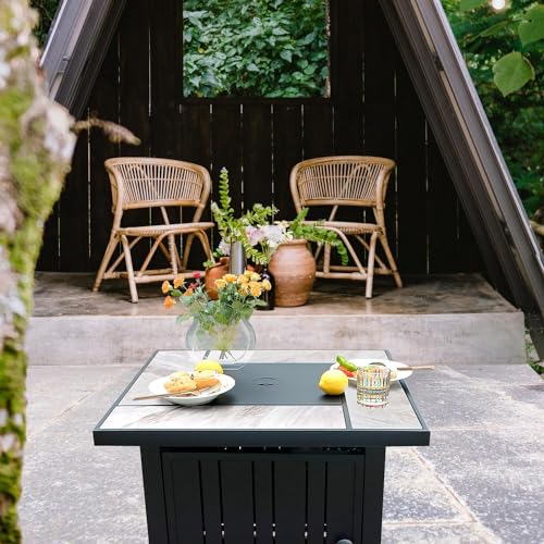 30" Propane Fire Pit with Real Ceramic Tabletop, 50000 BTU Gas Firepit Table with Lid & Glass Rock, Outdoor Fire Pit for Dining or Party