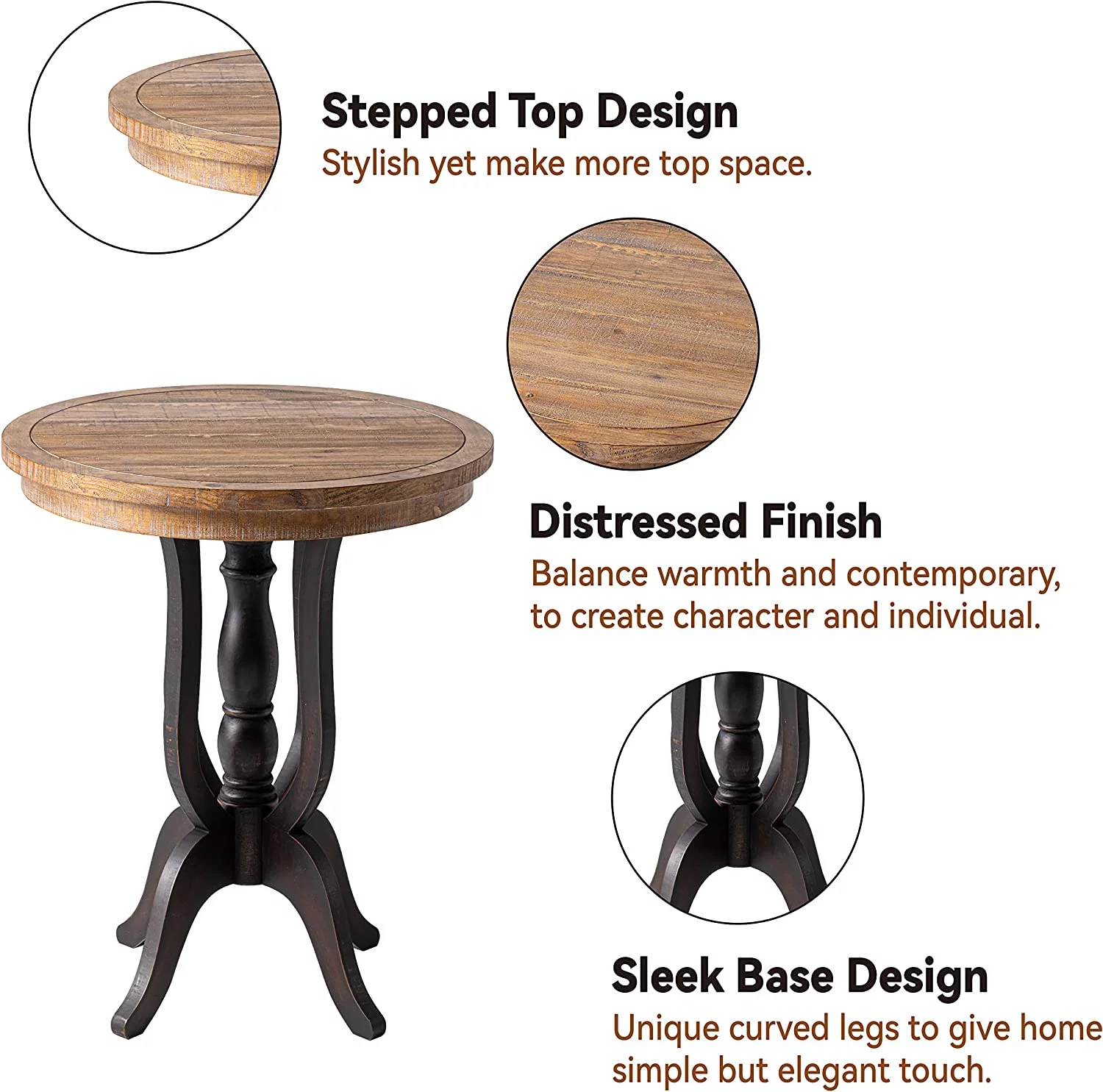 Rustic Farmhouse End Table, Natural Top Side Table for Family, Dinning or Living Room, Handcrafted Finish, Modern, Black