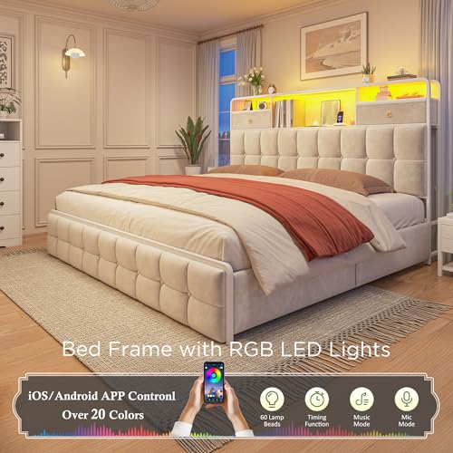 EnHomee King Size Bed Frame with 4 Storage Drawers King Bed Frame with Headboard Built in Charging Station and LED Lights, No Noise