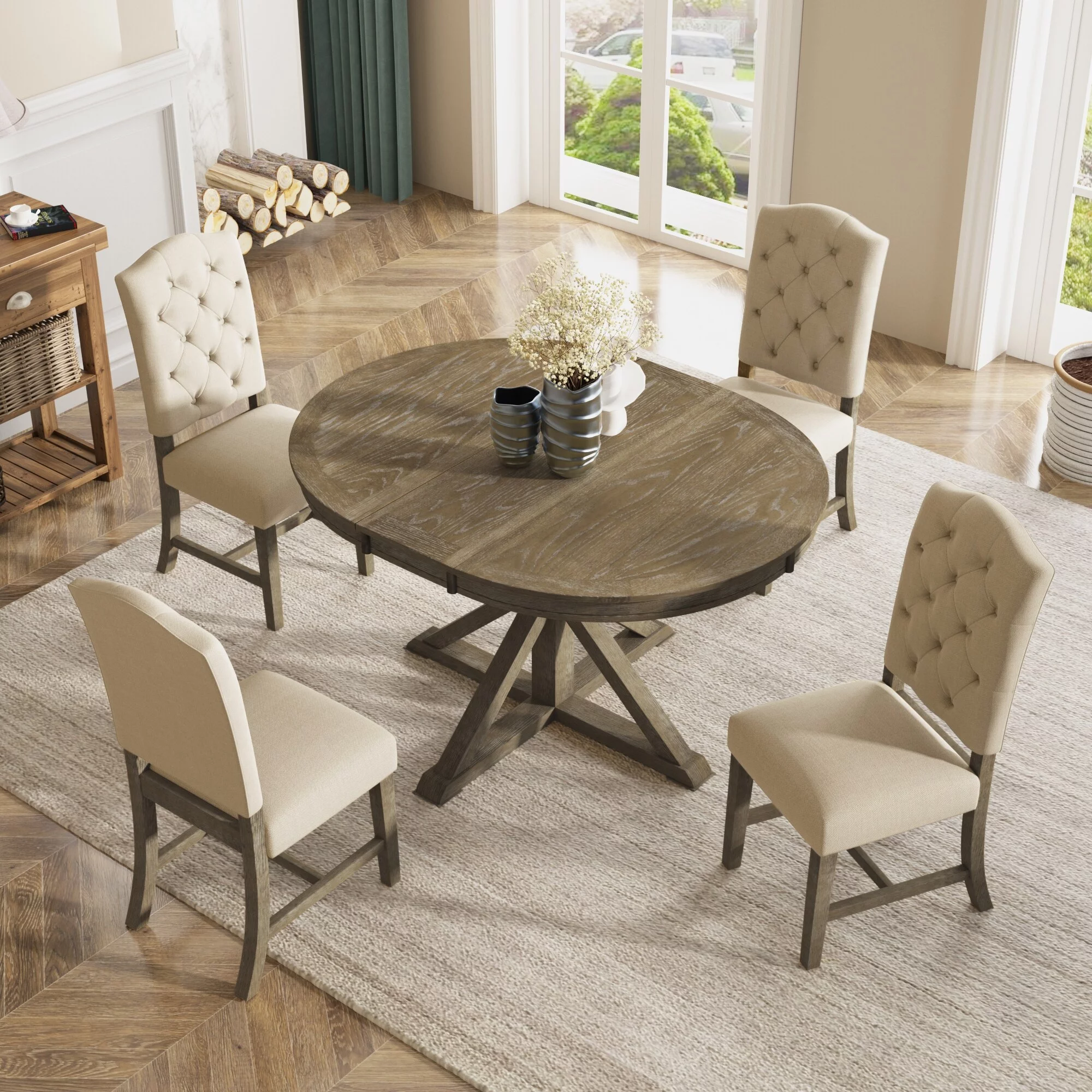 5 Piece Dining Table Set with Extendable Table & 4 Upholstered Chairs