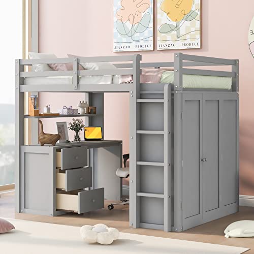 Harper & Bright Designs Full Size Loft Bed with Desk and Wardrobe, Solid Wood Loft Bed Frame with Storage Drawers, for Kids Teens Adults (White)