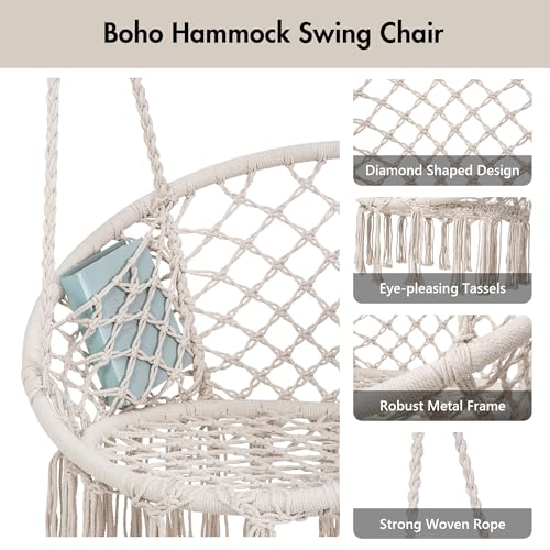ANOW Macrame Hammock Chair with Stand for Outside, Heavy Duty Hanging Chair Stand with Swing Chair, Includes Seat Cushion, Max 400 Lbs, Natural