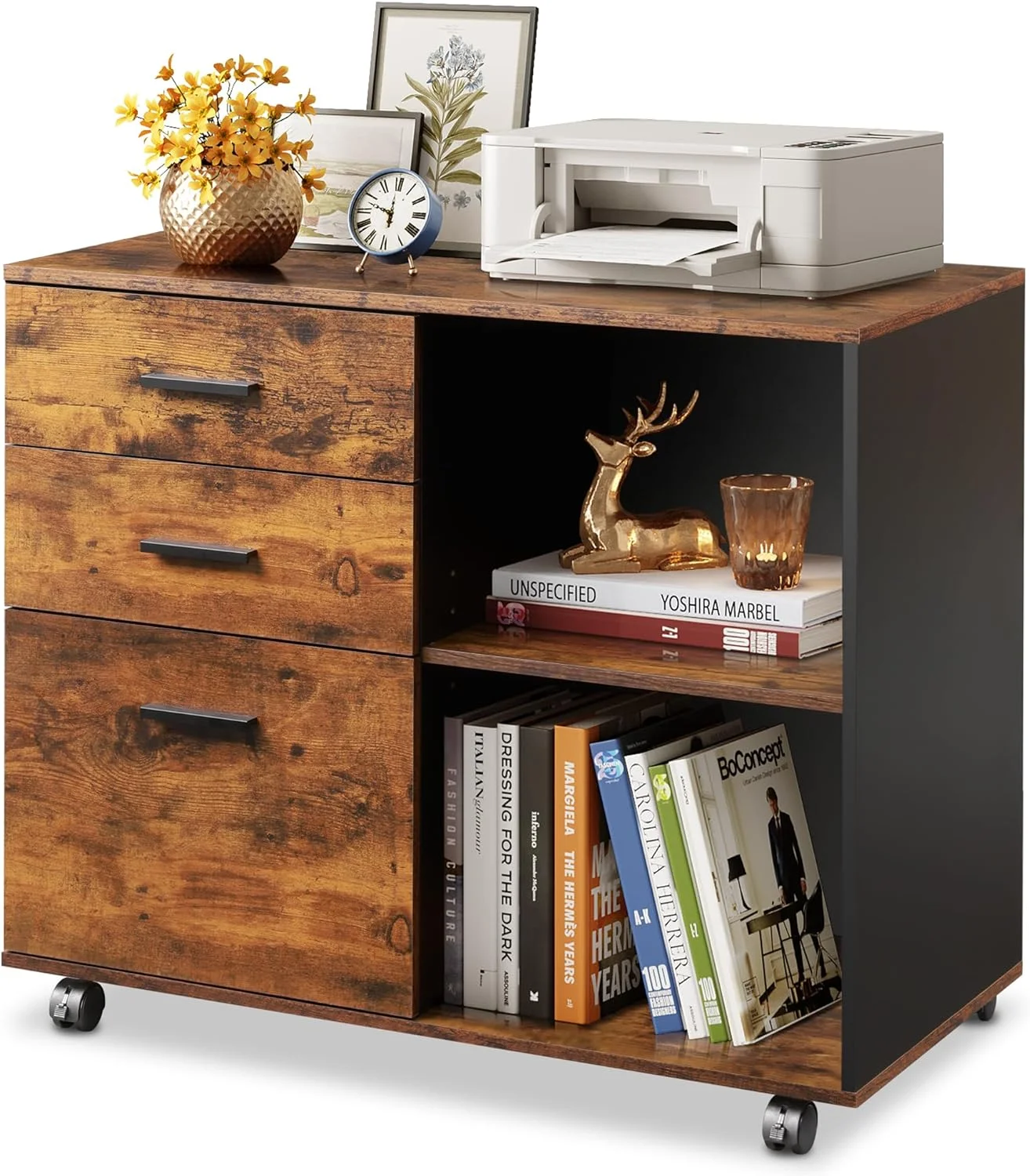 YINCHEN 3-Drawer Wood File Cabinet, Mobile Lateral Filing Cabinet, Printer Stand with Open Storage Shelves for Home Office, Rustic Brown