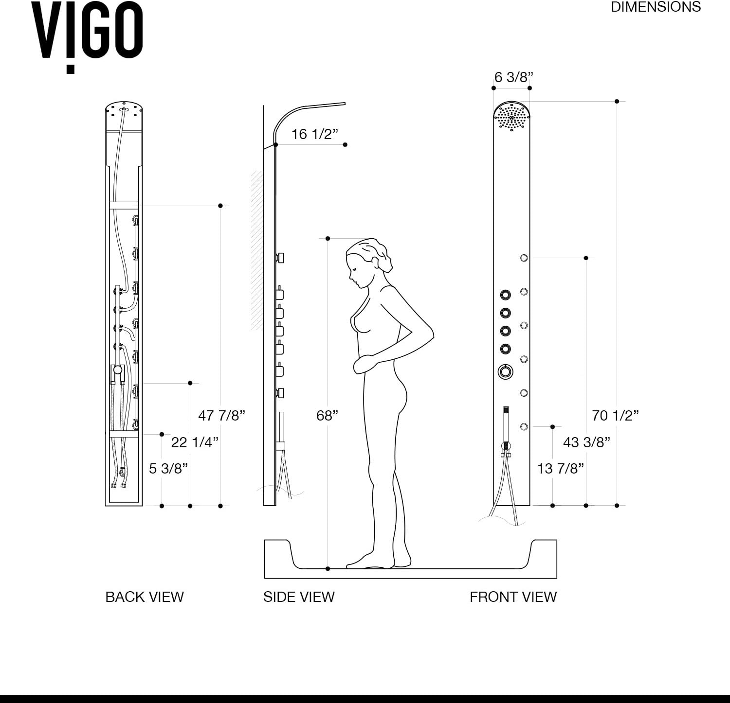 VIGO VG08005 Brielle 2.75" -6.38" W -70.5" H Shower Massage Panel 6 -Jet High Pressure Shower System with Thermostatic, Volume