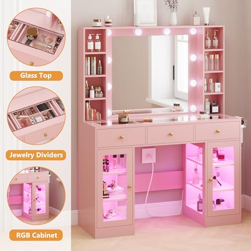 White Vanity Desk with Mirror and Lights, Glass Top Vanity with Lighted Mirror & RGB Glass Cabinet and 3 Drawers