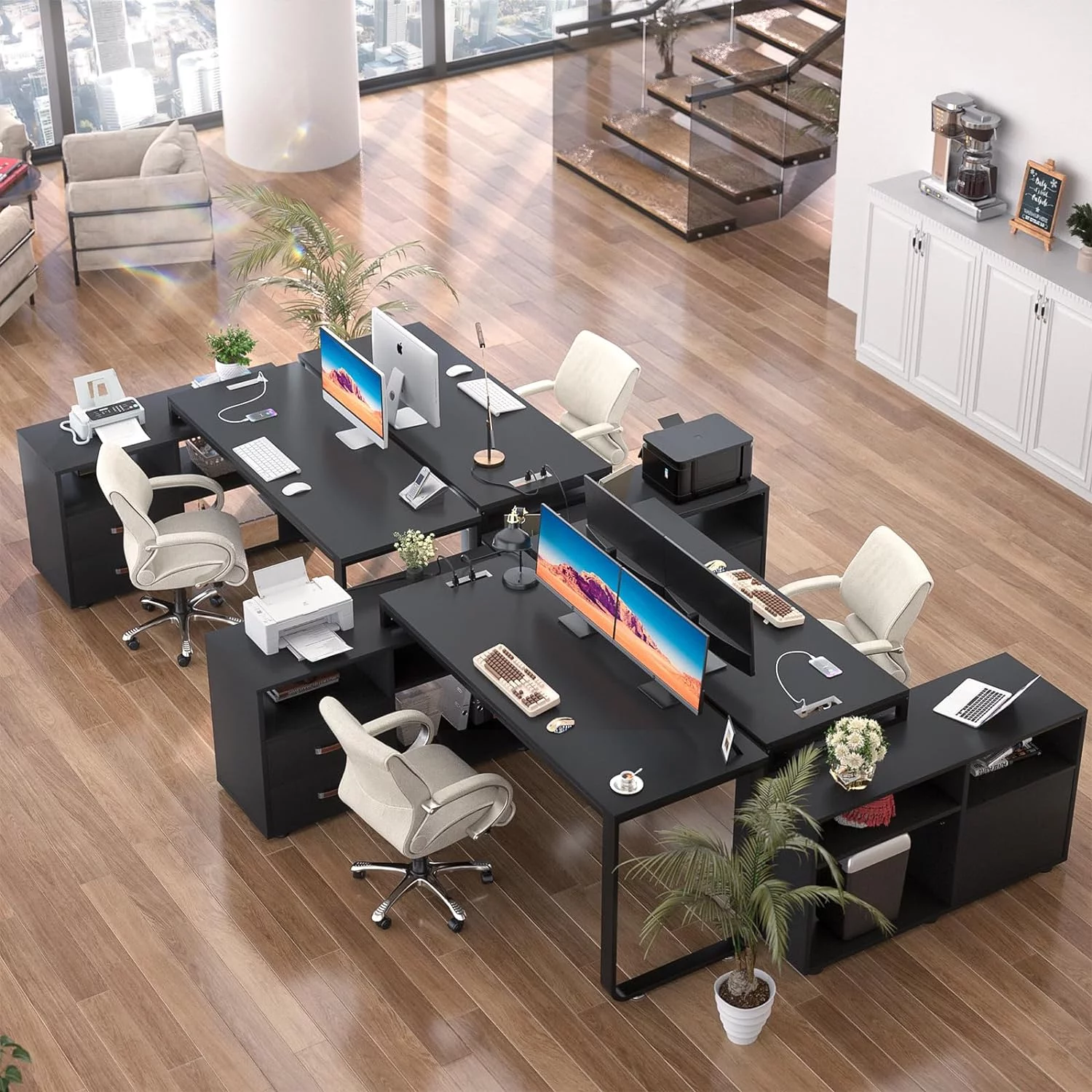 L Shaped Desk with File Cabinet & Power Outlet, Reversible 55 Inch Large Corner Computer Desks with LED Strip