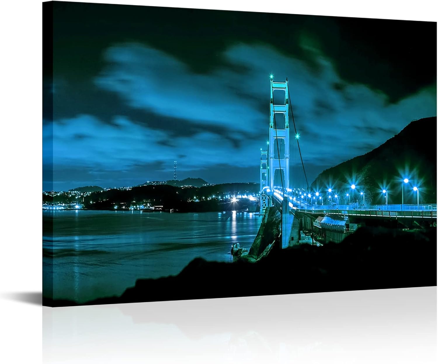 Artsbay Modern Canvas Wall Art Blue Golden Gate Bridge at Night San Francisco Picture California Cityscape Painting Print on Canvas for Bathroom