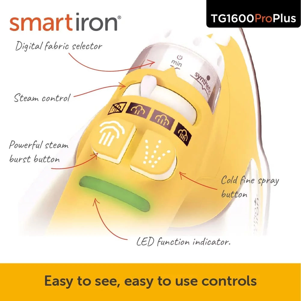 Oliso TG1600 Pro Plus 1800 Watt Smart Iron with Auto Lift Sewing Crafting Ironing Steam Iron, Yellow