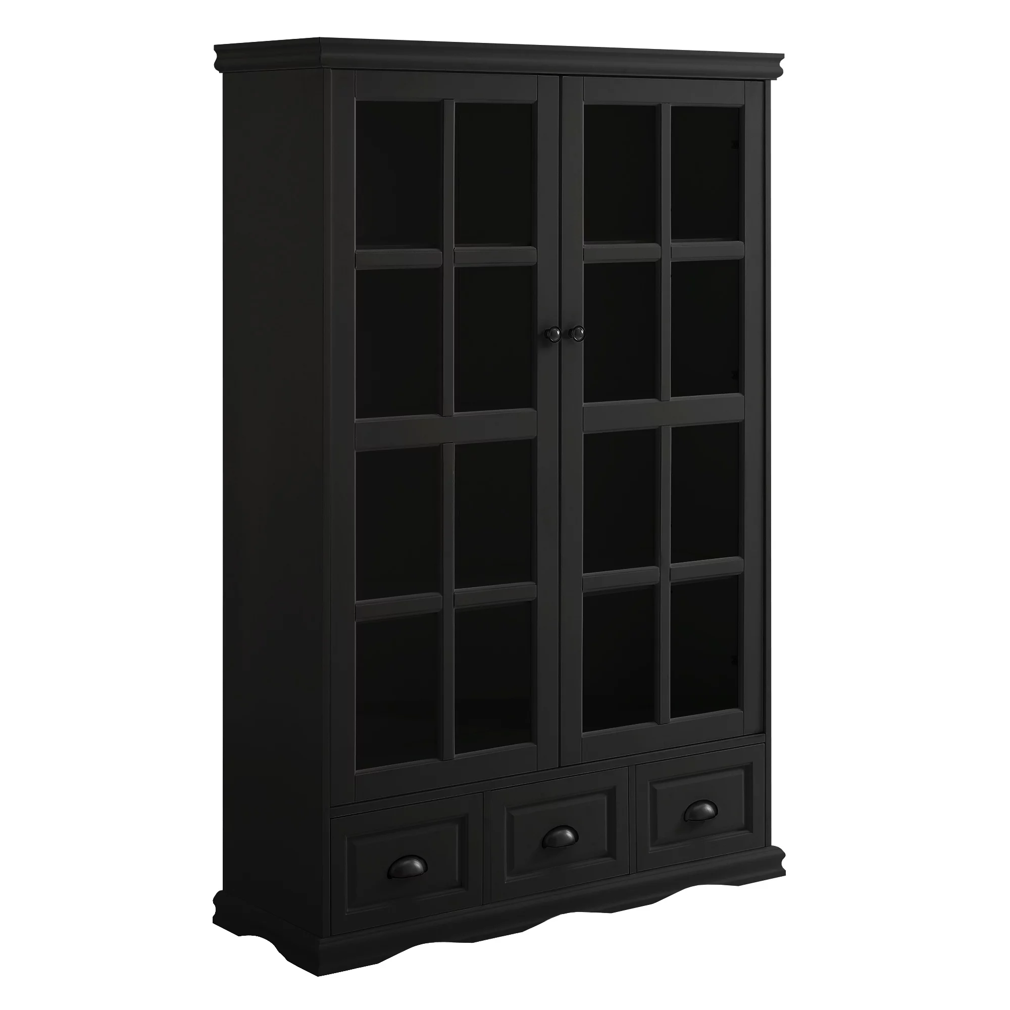 CQSXDA Storage Cabinet with Tempered Glass Doors Curio Cabinet with Adjustable Shelf Display Cabinet with Triple Drawers,Black
