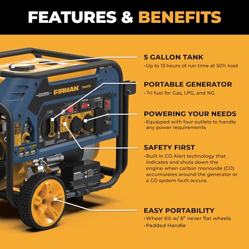 FIRMAN T04073 Tri Fuel Portable Generator, 4000W Electric Start, 120/240V, CO Alert, Quiet 67dB, 223cc Engine, 5-Gallon Tank, 14 Hrs Runtime