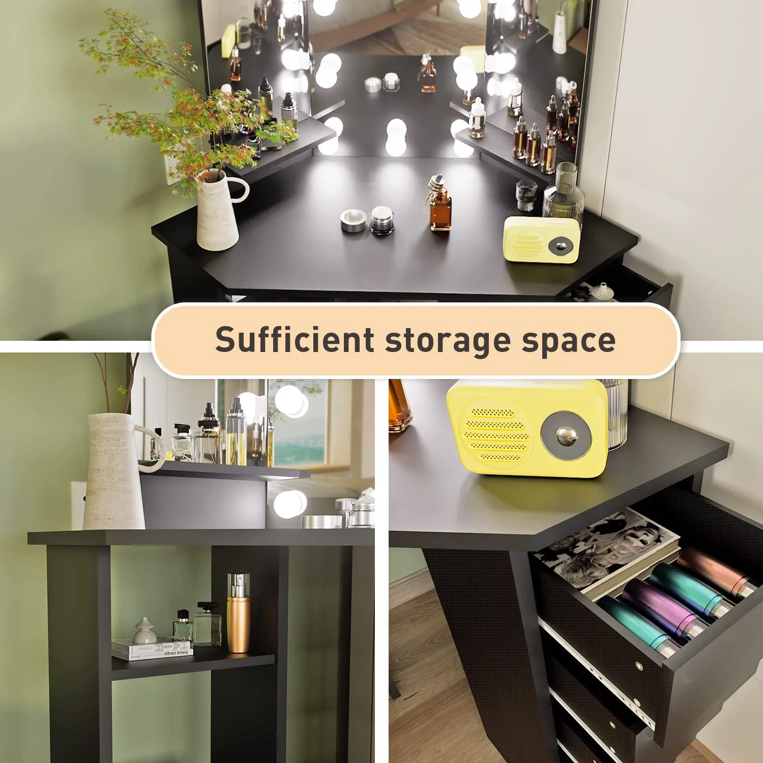 Corner Makeup Vanity Desk with Mirror and Lights, Bedroom Vanity Table with Lighted Mirror 5 Drawers and Storage Shelf for Women Girls Black