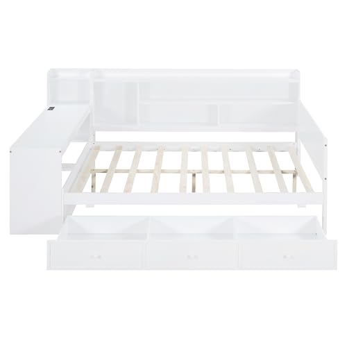 Bellemave Twin Corner Bed Frame with Storage Shelves and Desk, Wood Twin Size Daybed with Bookcase and Drawers and Storage, Gray
