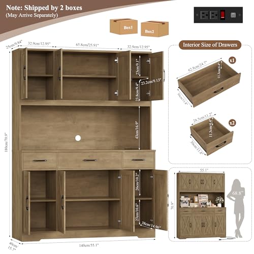 HOSTACK 71" Tall Kitchen Pantry Storage Cabinet with Charging Station, 55" Wide Kitchen Hutch Cabinet with Large Countertop