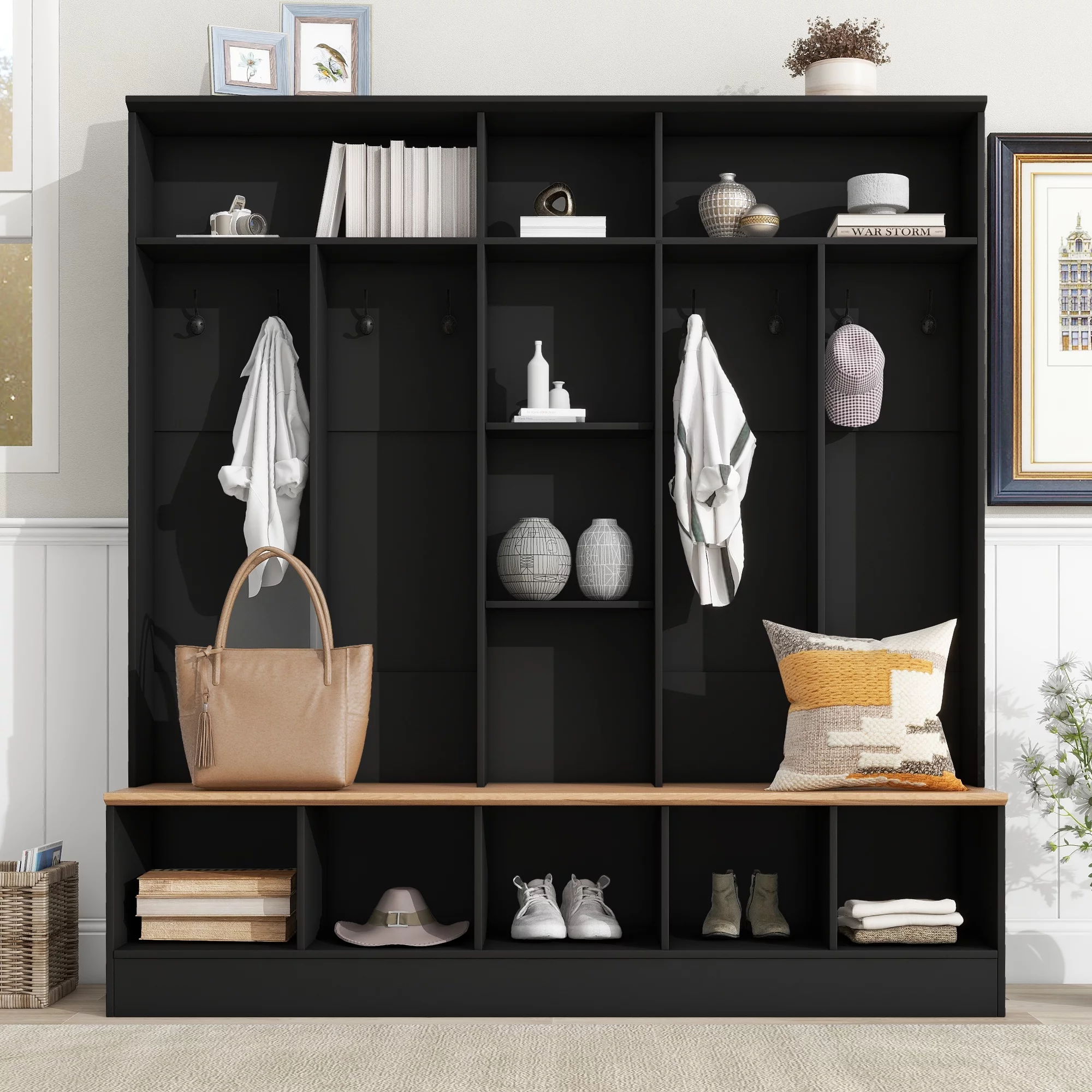 CoSoTower Wide Design Hall Tree with Storage Bench, Minimalist Shoe Cabinet with Cube Storage & Shelves