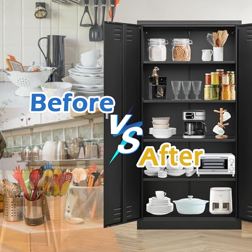Metal Storage Cabinet, 72" H x 36" W x 18" D Locking Cabinet with Adjustable Shelves, Steel Storage Cabinets for Garage, Home, Office, Pantry (White)