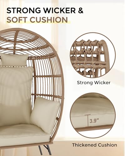 Oversize Wicker Egg Chair with 4 Comfy Cushions, Big Egg Shaped Lounger with Ottoman, Rattan Reading Chairs for Indoor Outdoor Patio Porch Backyard