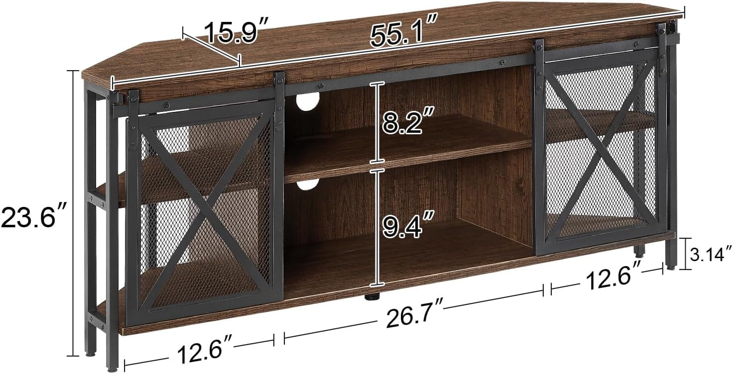 FJU Corner TV Stand, Corner TV Stand for 55 60 Inch TV, Industrial & Farmhouse Corner Entertainment Center w/Sliding Barn Door