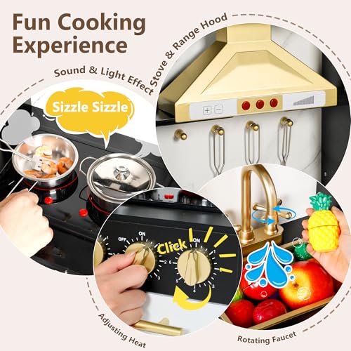 Kinder King Wooden Kids Play Kitchen, Toy Kitchen Playset for Toddler, Play Kitchen Set w/Real Sounds, Pretend Coffee Machine, Kitchen Hood, Sink