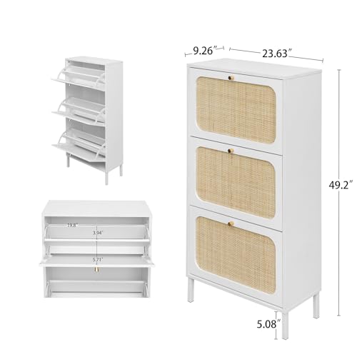 Natural Rattan Cabinet, Narrow Shoe Storage Cabinet with 3 Flip Drawers Hidden, Freestanding Entryway Storage Unit Console Table for Entryway Slim