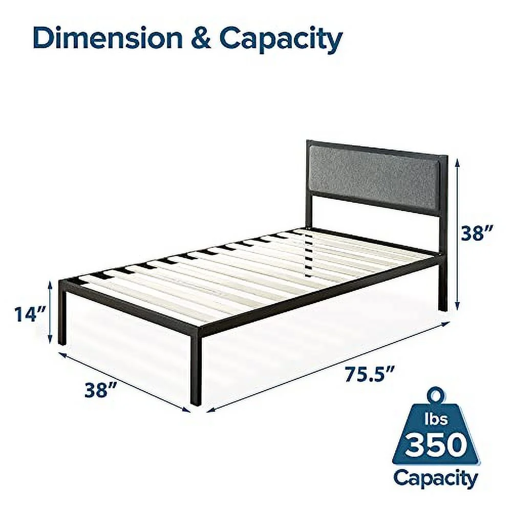 Zinus Korey 14" Steel Platform Bed Frame with Upholstered Headboard and Wood Slat Support, Twin
