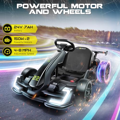 Hikole Go Kart Electric Drift Kart Car, 24V Crazy Go Cart for Kids with Adjustable Seat, 3 Speed Mode, Fast 300W Motor, 8.5 MPH