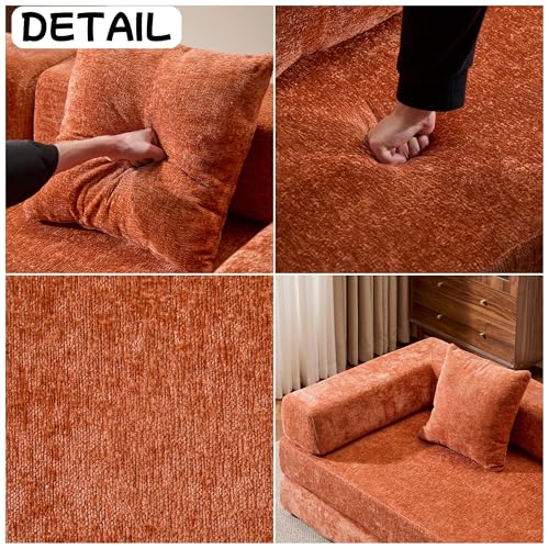 Convertible Floor Sofa Bed, Foldable Mattress Cloud Couch with Pillow Back & Armrest, Chenille Sleeper Sofa Bed with Fixed-Shape Frame