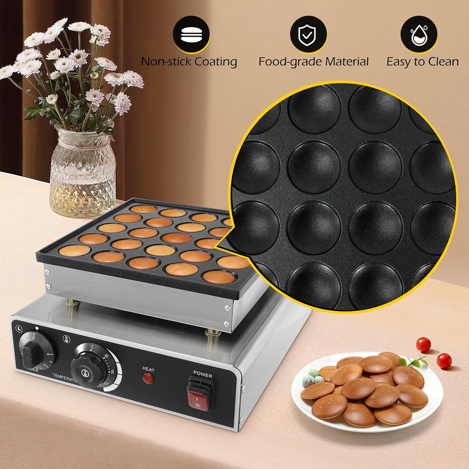 Dyna-Living Mini Dutch Pancake Maker 25PCS Commercial Mini Pancake Maker Non-stick Dorayaki Maker Electric Dutch Pancake Baker 950W Mini Pancake