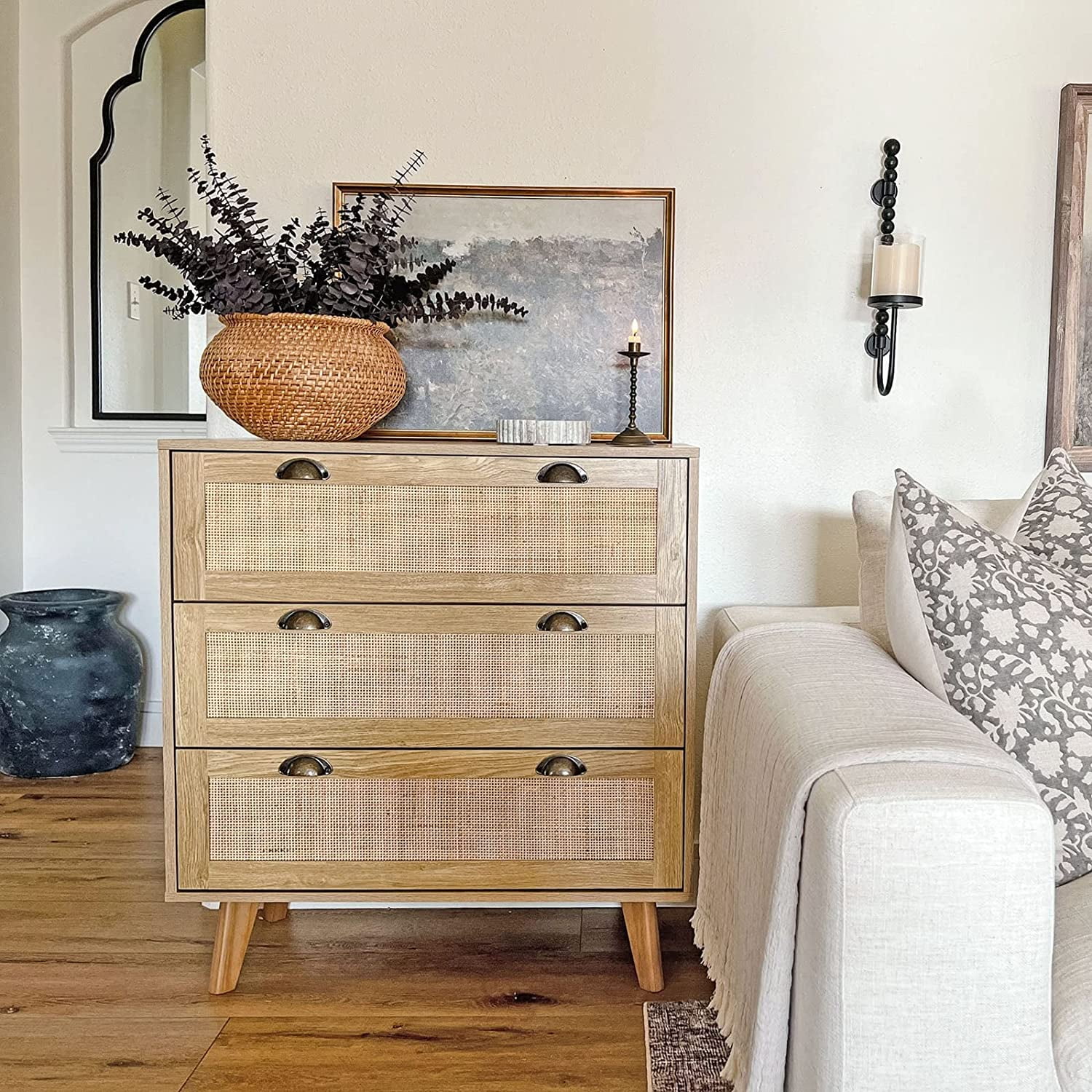 Rattan Cabinet - Chest of Drawers Small Cabinet for Living Room Bedroom Accent Storage Cabinet/Nightstand/Bedside Table, Rattan Dresser