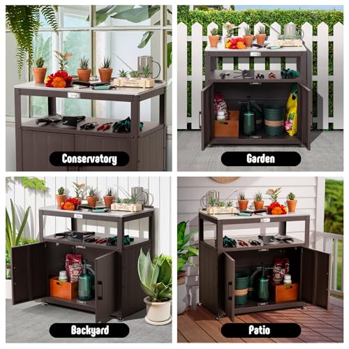Garden Potting Bench with Storage Cabinet,Outdoor Gardening Table & Work Bench for Plants, Horticulture