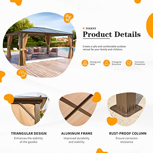 YOLENY 10'x13' Hardtop Gazebo, Outdoor Polycarbonate Double Roof Canopy, Aluminum Frame Permanent Pavilion with Curtains and Netting