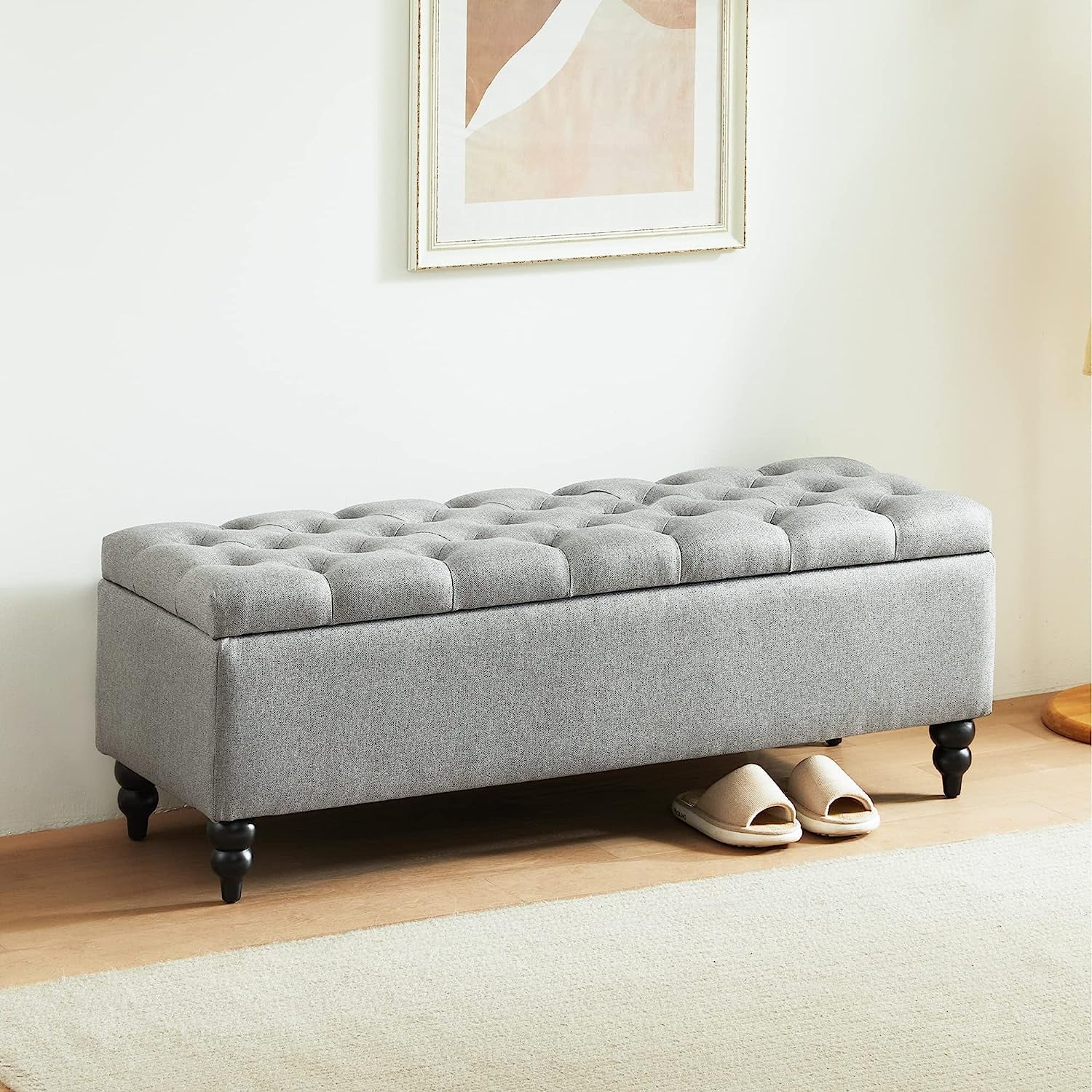Storage Ottoman Bench, 50.2 Inches Upholstered Fabric Storage Ottoman Bench, Button Tufted Ottoman with Large Storage, End of Bed Bench