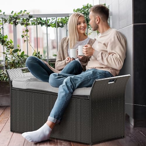 YITAHOME 90 Gallon Outdoor Wicker Storage Bench w/Cushion, Large PE Rattan Deck Storage Box w/Handles & Hydraulics for Patio Furniture, Cushions