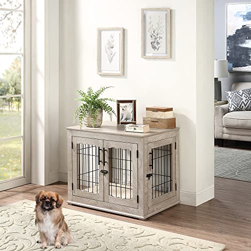 beeNbkks Furniture Style Dog Crate End Table, Double Doors Wooden Wire Dog Kennel with Pet Bed, Decorative Pet Crate Dog House Indoor Medium Large
