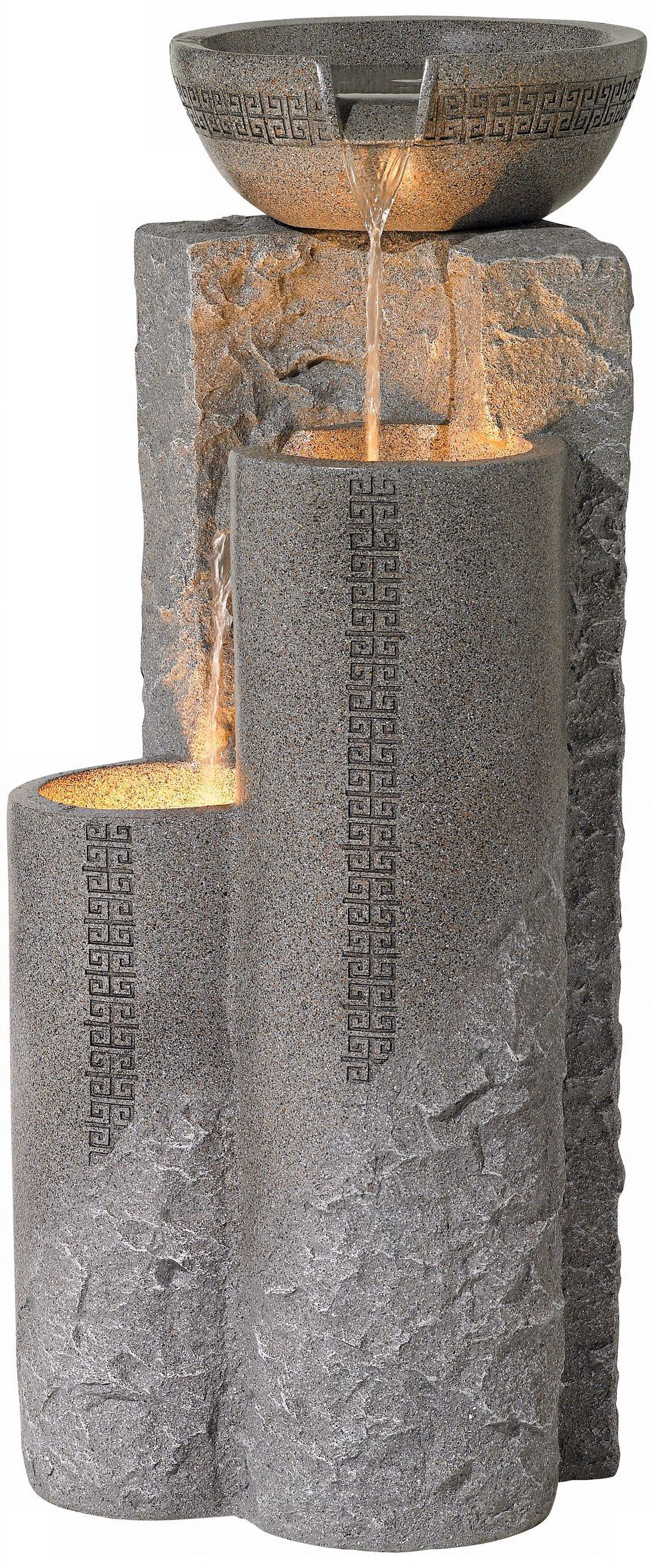 John Timberland Bowl and Pillar Modern Zen Cascading Outdoor Floor Water Fountain with LED Light 34 1/2" for Yard Garden Patio Home Deck Porch House