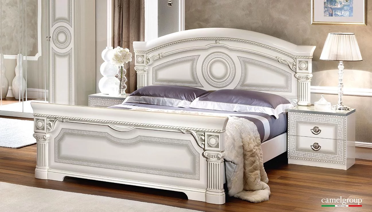Glossy White Silver Finish Queen Bedroom Set 3Pcs Made in Italy ESF Aida