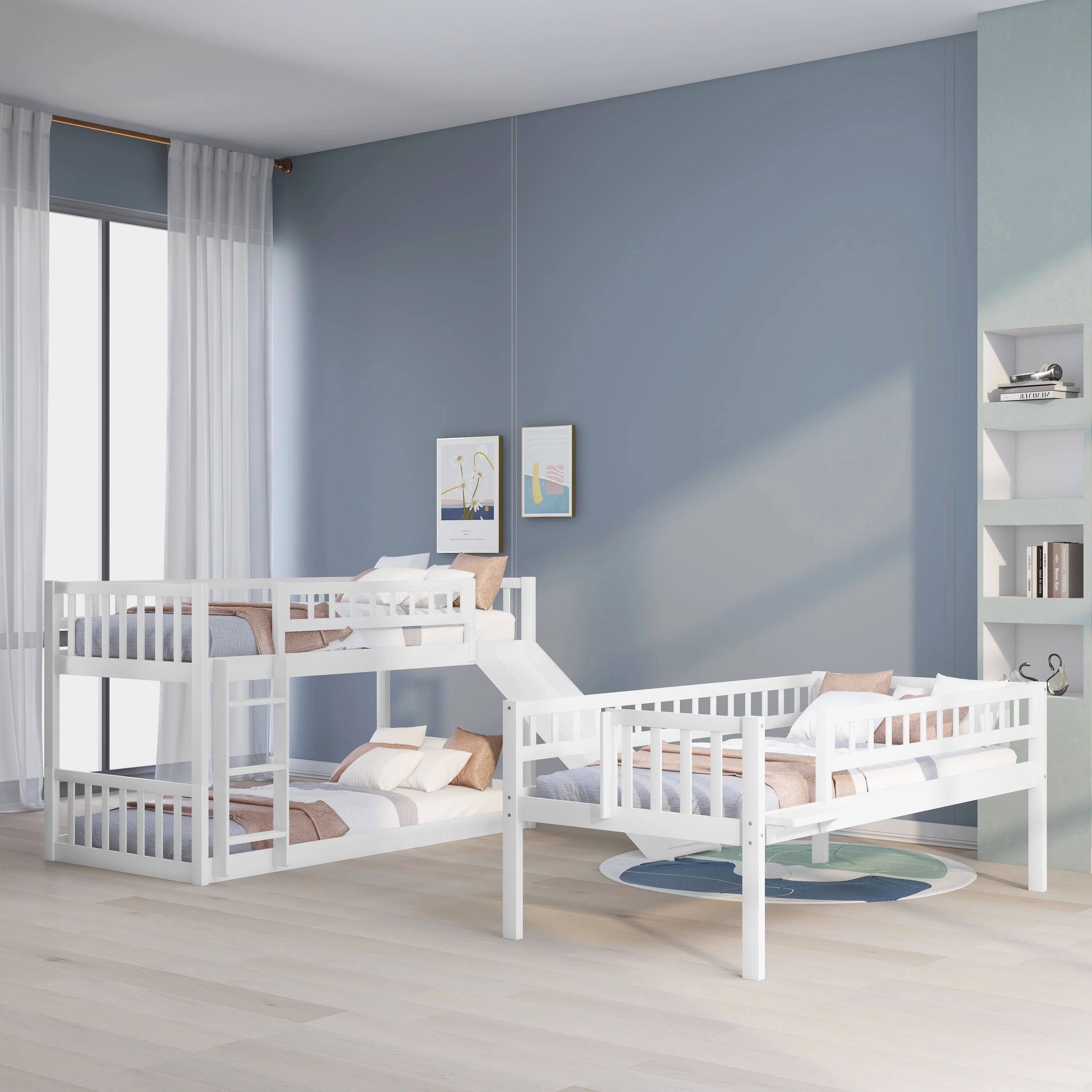 Bellemave Triple Bunk Bed with Slide, Wood Twin Over Twin Over Twin 3 Bunk Bed with Built-In Ladder and Guardrails, Triple Bed for Kids, Teens, Boys