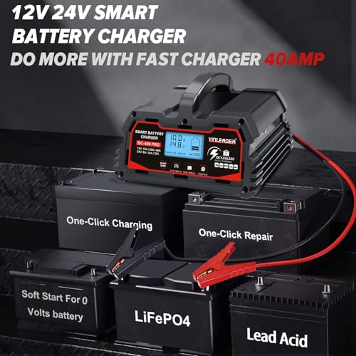 Battery Charger 40A, 12V/24V Lead Acid Smart Battery Charger, 12V LiFePO4 Car Battery Trickle Charger