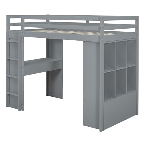 Full Size Loft Bed with Desk & Wardrobe, Solid Wood Kids Loft Bedframe w/3 Storage Drawers & 2 Shelves, Maximum Space Design, for Bedroom, Dorm, Gray