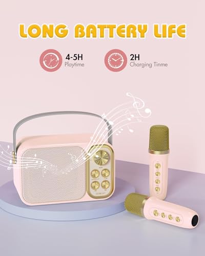 Mini Karaoke Machine for Kids with 2 Wireless Microphone, Portable Bluetooth Speaker, Kids Karaoke Machine to Sing Anywhere, for Girls