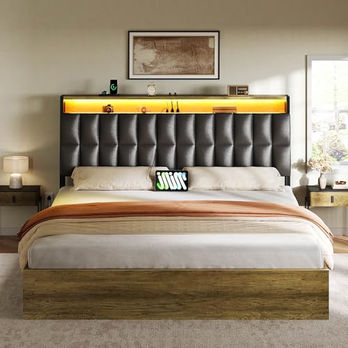 YITAHOME Queen Size Lift Up Bed with Charging Station & RGB LED Lights, PU Leather Upholstered Platform Storage Bookcase Headboard Bed