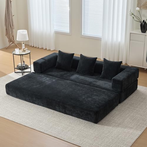 Convertible Sleeper Sofa Bed with Cylindrical Pillow, Corduroy Folding Mattress Couch with Fixed-Shape Frame