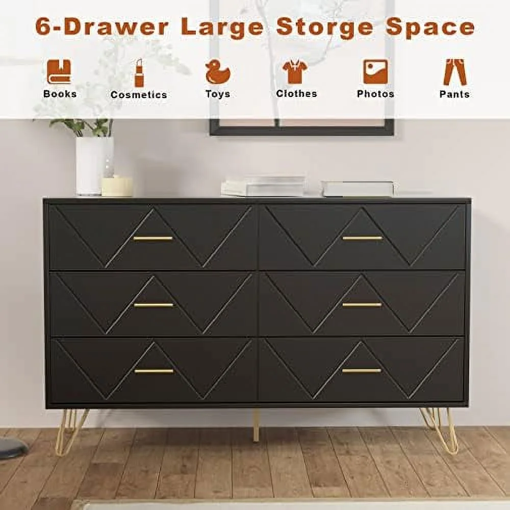 HOOMHIBIU Dresser for Bedroom  6 Drawer Dresser with Sturdy Frame  Wood Rustic Chest for Living Room  Office  Closet (Black)