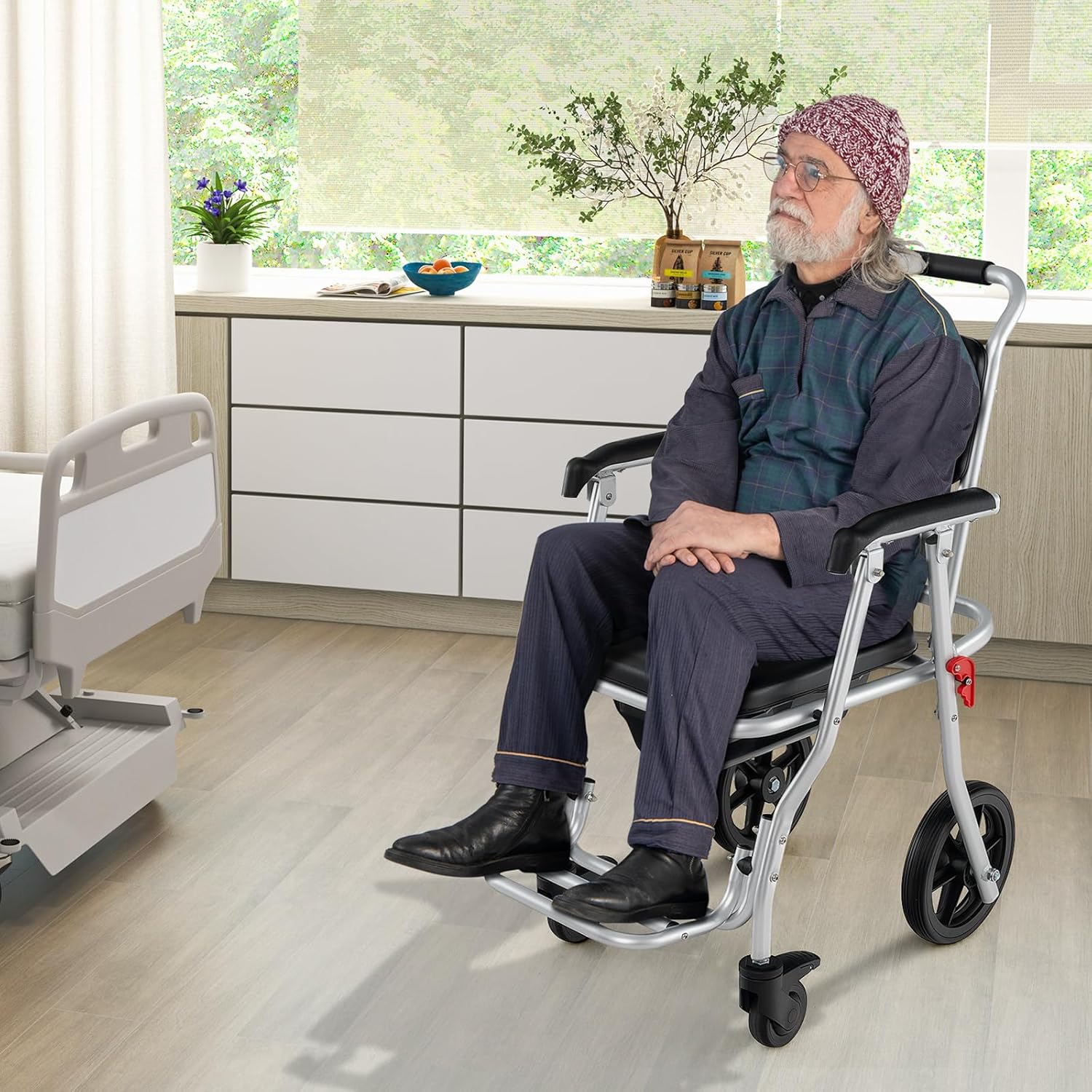 Giantex Bedside Commode Wheelchair for Toilet - Foldable Shower Chair with Arms, Lockable Casters, Detachable Bucket, Transport Wheelchair